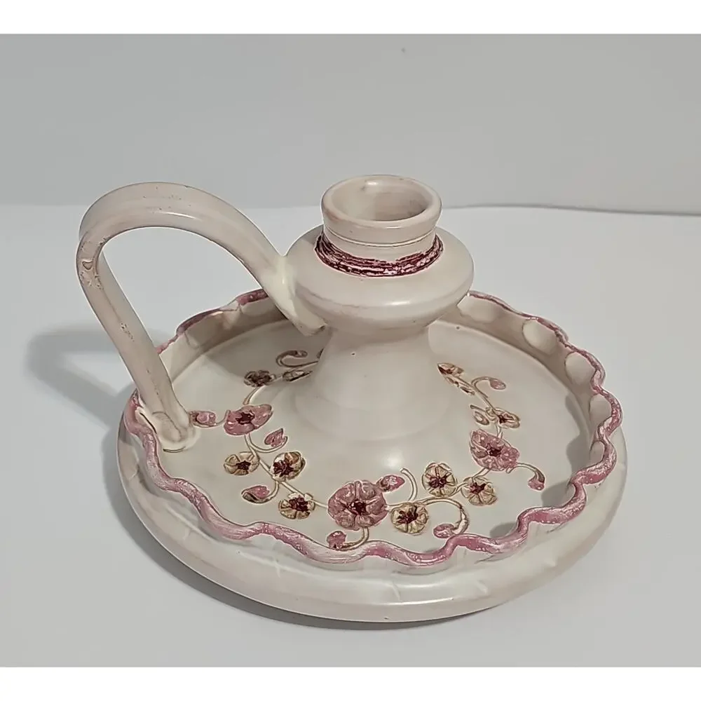 Hand Painted Ceramic Chamberstick Candle Holder Pink Scallop Edge Floral Motif